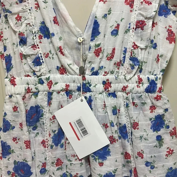 LoveShackFancy “Bennett” Mini Floral Ruffle Dress - NWT, SZ L White Blue and Red - Picture 12 of 14